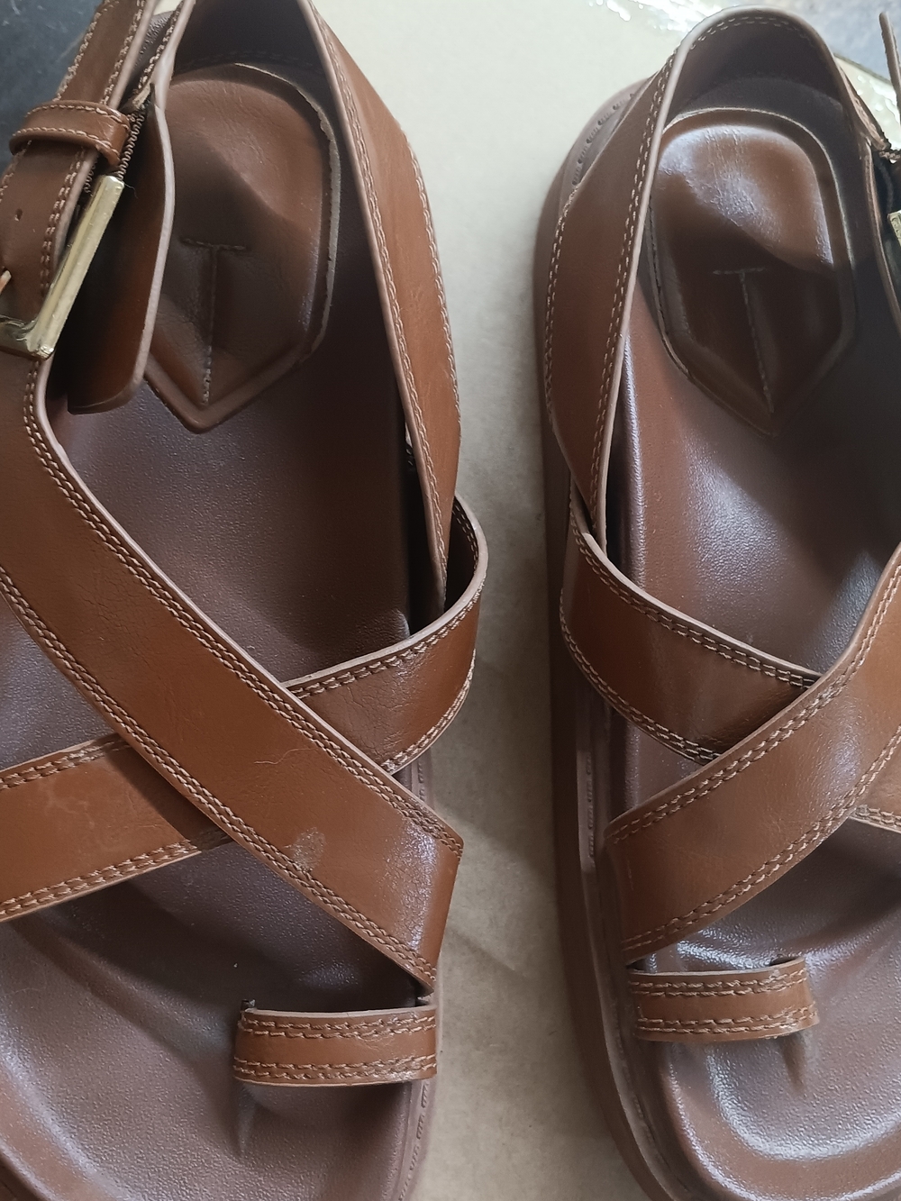 Zara Tan Brown Leather Crossover Buckle Sandals - Picture 2 of 8
